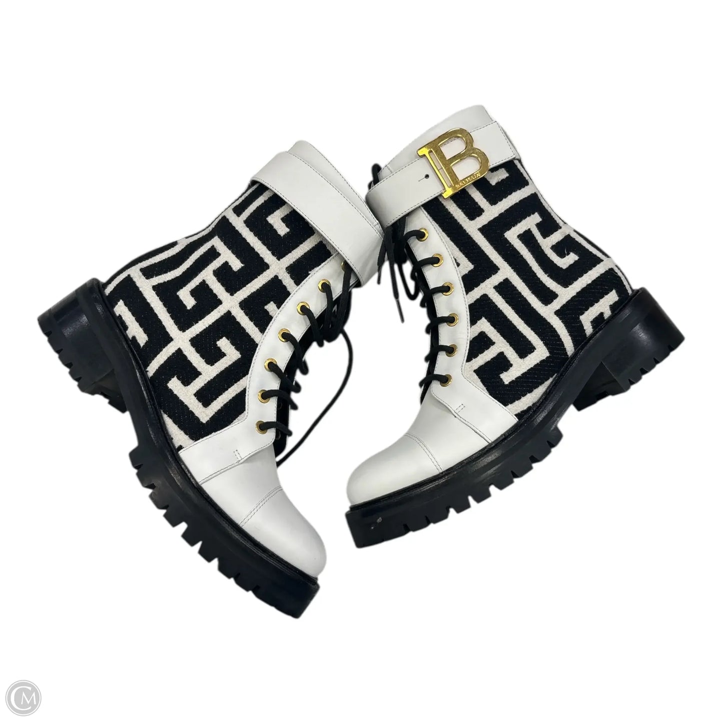 Boots Luxury Designer By Balmain In Black & White, Size: 7.5