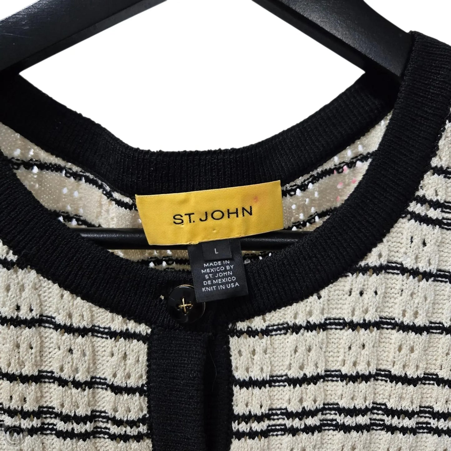 Cardigan Luxury Designer By St John Collection In Black & Cream, Size: L