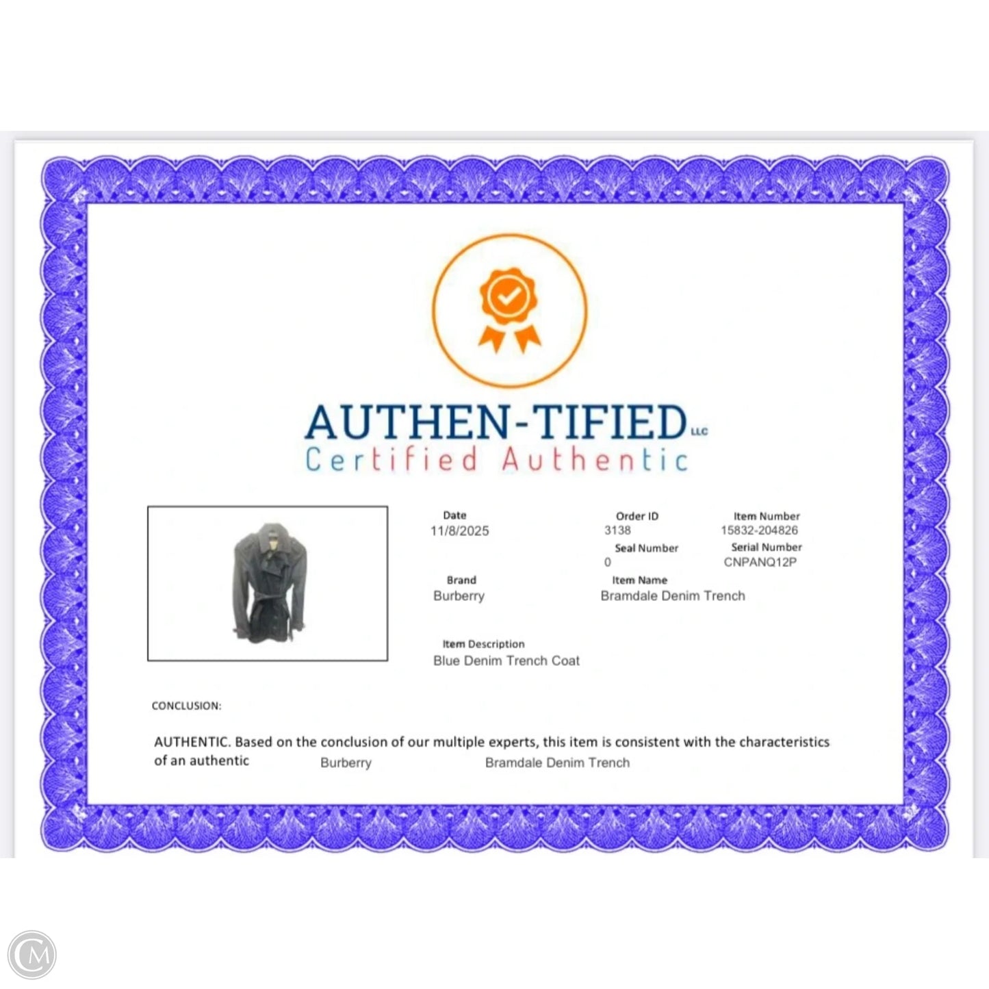 Jacket Luxury Designer By Burberry In Blue Denim, Size: 6