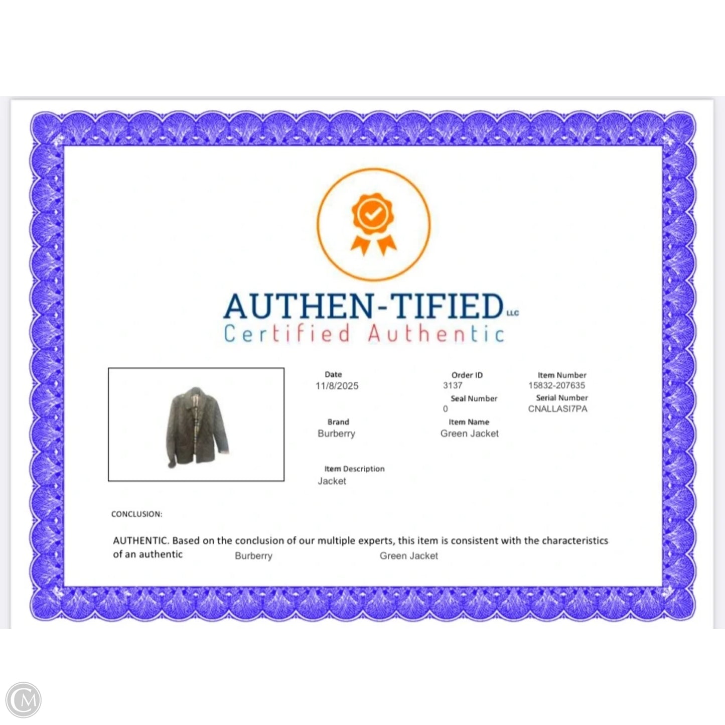 Jacket Luxury Designer By Burberry In Green, Size: M