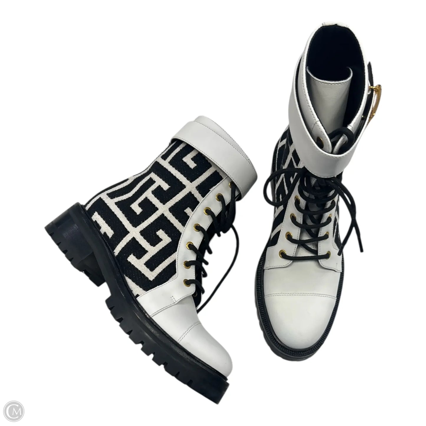 Boots Luxury Designer By Balmain In Black & White, Size: 7.5