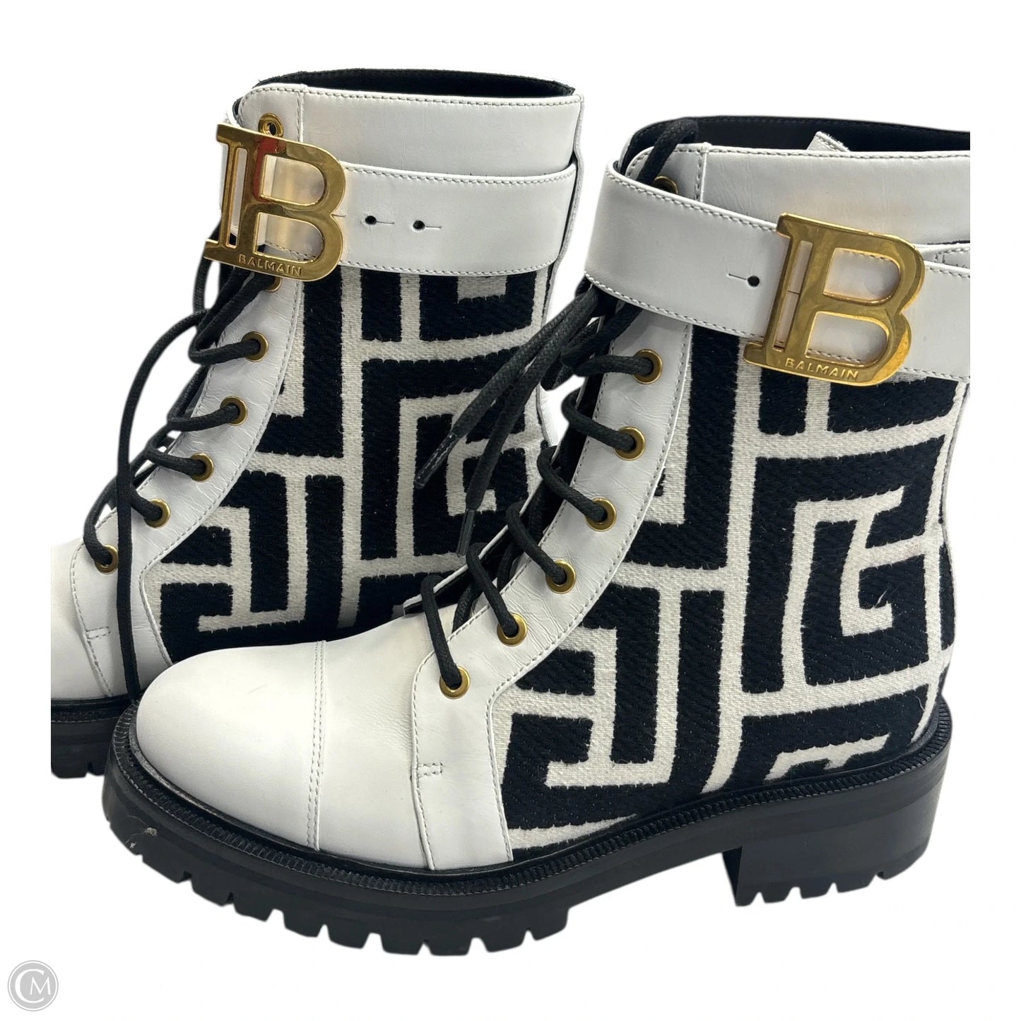 Boots Luxury Designer By Balmain In Black & White, Size: 7.5