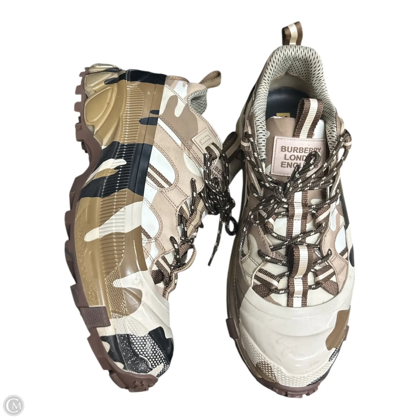 Shoes Luxury Designer By Burberry In Brown & Cream, Size: 10.5