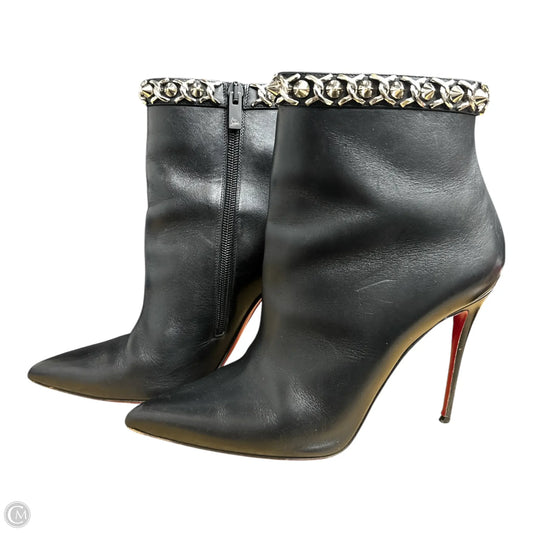 Boots Luxury Designer By Christian Louboutin In Black & Silver, Size: